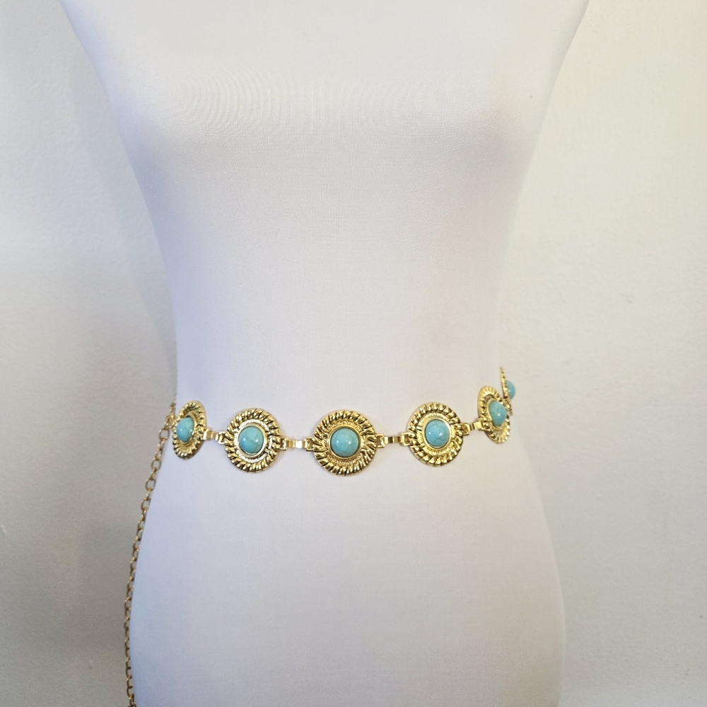 Circular Textured Gold and Turquoise Chain Belt - Picture 2 of 8